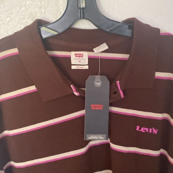 NWT Levis Men's Long Sleeve Polo Size XL Brown V-neck Relaxed Fit - Picture 2 of 7